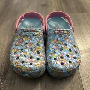 Crocs x Lisa Frank Child Size 3 Youth Shoes Clogs Blue Pink Unicorns Rainbows